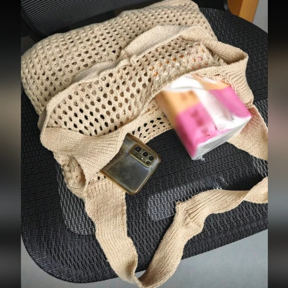 Boho Crochet Apricot Cream Tote Shoulder Bag Beach Bag